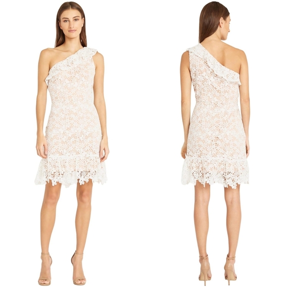 NWT Donna Morgan White Lace Crochet One Shoulder Floral Illusion Mini Dress 2 - Picture 3 of 11